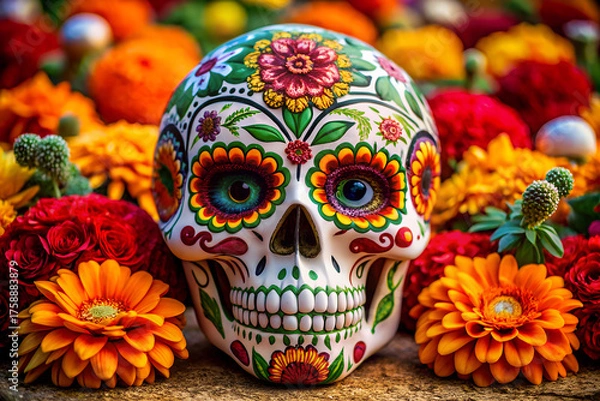 Obraz Day of the Dead Skull surrounded by Flowers Vibrant and Colorful Celebration of Life and Remembrance