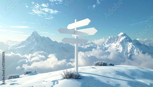 Fototapeta A snowy mountaintop scene features a white signpost pointing in multiple directions, set against a backdrop of towering peaks and a clear blue sky