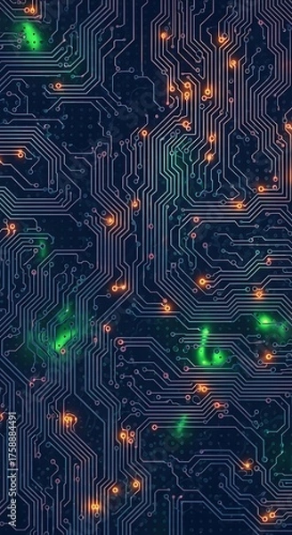 Fototapeta Intricate circuit board design showcases a complex network of glowing lines and illuminated components, creating a dynamic and technical aesthetic.