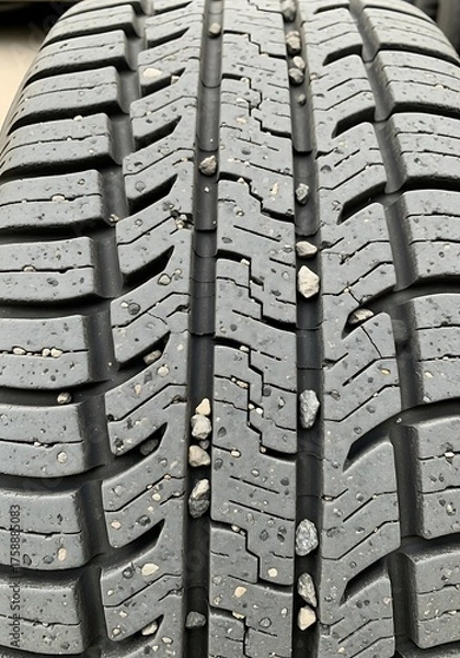 Fototapeta Close-up view of a tire tread with embedded small stones, displaying intricate patterns and texture.