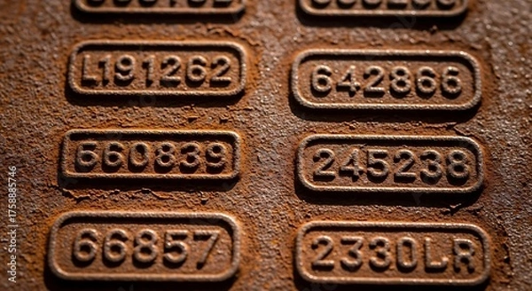 Fototapeta Close-up view of numerous stamped numbers on a rusty, textured metal surface.  The numbers are arranged in rectangular frames, showcasing a rich, reddish-brown hue, indicative of oxidation.