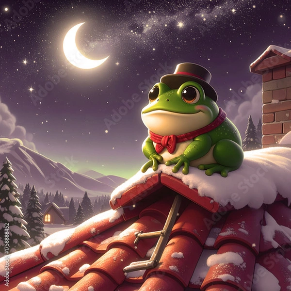 Obraz Froggie's Winter Night Dream: A dapper frog, adorned in festive attire, surveys the winter wonderland from a snow-covered rooftop under the starlit sky and a luminous crescent moon. 