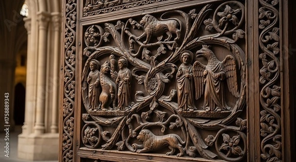 Fototapeta Intricate wood carvings adorn a large, detailed panel of a historical door, showcasing intricate figures and foliage.