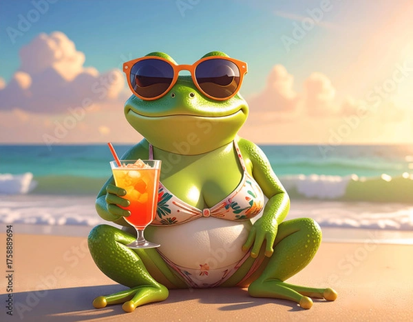 Fototapeta Frog Relaxing at the Beach: A cheerful frog in sunglasses and swimwear is enjoying a tropical cocktail, relaxing in the sun, capturing a carefree summer moment.