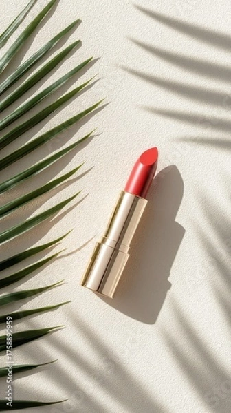 Fototapeta Red Lipstick with Palm Leaf Shadow