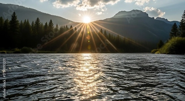 Fototapeta Serene sunset over a river valley, with sunbeams illuminating the water's surface, creating a tranquil and peaceful ambiance.