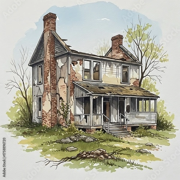 Fototapeta A detailed watercolor painting portrays a weathered, dilapidated house, its decaying facade and broken windows evoking a sense of loneliness and abandonment.