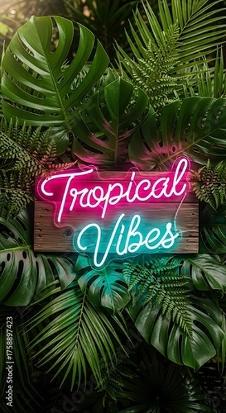 Fototapeta A vibrant neon sign displaying "Tropical Vibes" is surrounded by lush tropical foliage, creating a visually appealing and inviting scene.