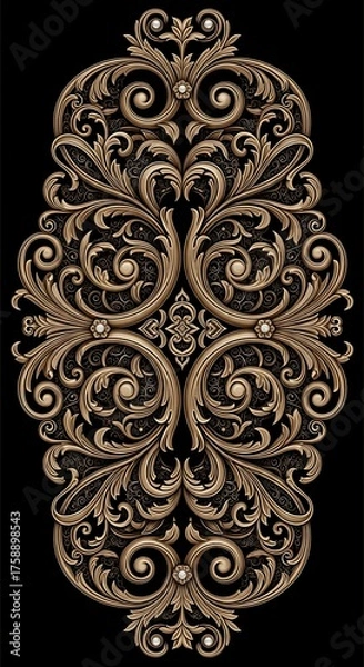 Fototapeta Ornate gold filigree design with intricate scrollwork and embellishments against a dramatic black background.