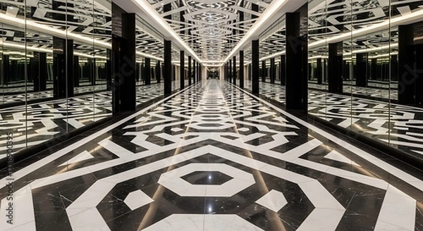 Fototapeta A long hallway with a striking black and white geometric floor pattern, mirrored walls creating an illusion of depth and reflecting the intricate design.
