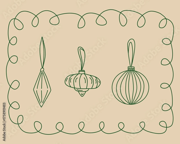 Fototapeta Hand drawn decorative vector doodle Christmas balls and whimsical frame on beige background.