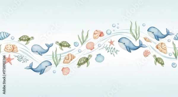 Obraz Illustration of watercolor sea life border with whales, turtles, shells isolated on white background