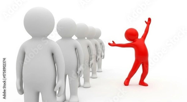 Obraz Illustration of red 3d stick figure standing out from the crowd on white background