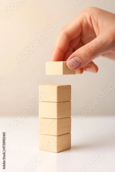 Obraz Illustration of hand placing wooden block on top of stack isolated on white background