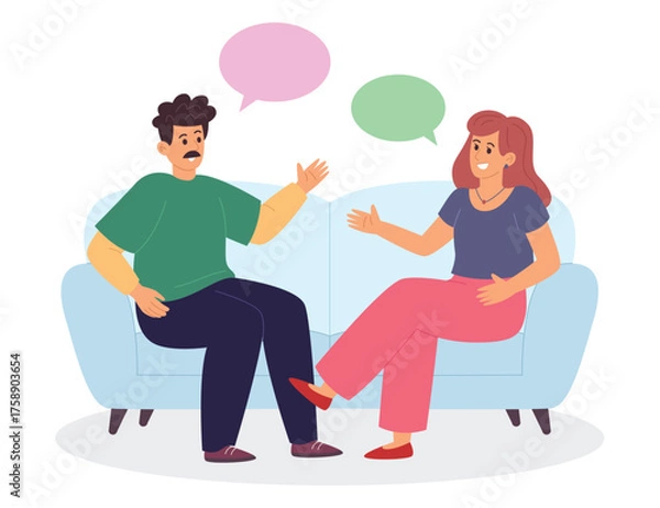 Obraz Concept of two people having friendly conversation on sofa with speech bubbles