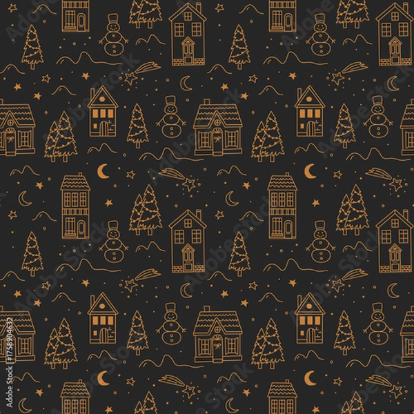 Fototapeta Christmas seamless pattern featuring hand drawn night winter landscape, snow-covered village, snowmen, houses, and fir trees. Whimsical vector doodle illustrations on black background.