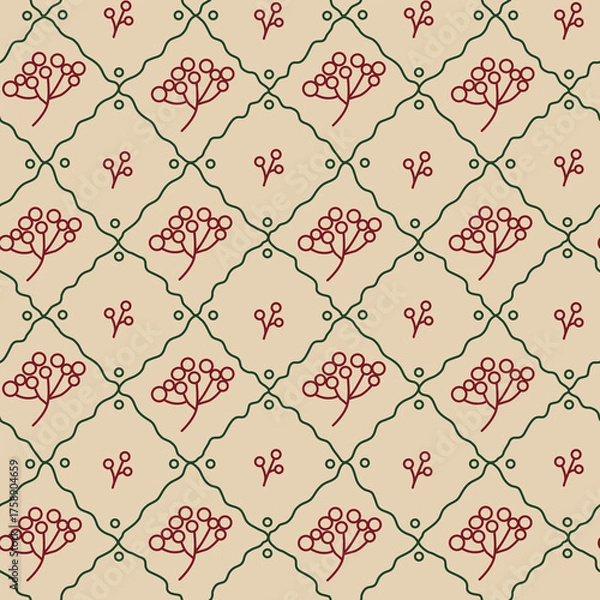 Fototapeta Vector winter botanical seamless pattern. Hand drawn vintage background with whimsical doodle berries on beige background.