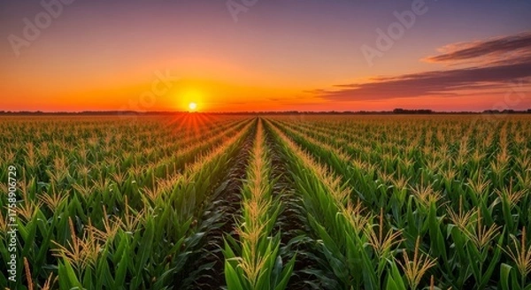 Obraz Majestic Corn Field Sunset Glow - A serene corn field bathed in the warm glow of a setting sun, symbolizing agriculture, growth, nature, harvest, and tranquility