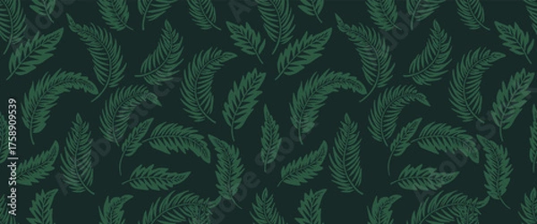 Fototapeta Seamless pattern of dark green fern leaves on a dark green background vector illustration