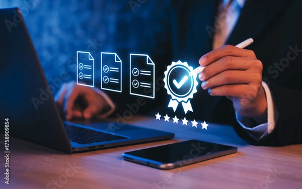 Fototapeta Digital document review and quality certification on screen