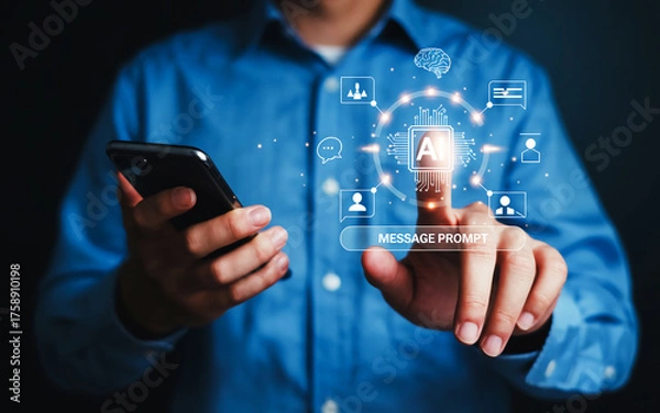 Fototapeta Person using smartphone with AI interface and chatbot icons