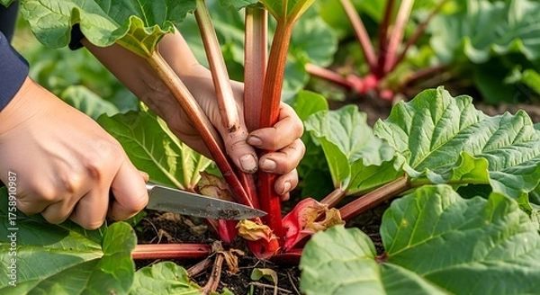 Obraz Harvesting Red Rhubarb Stems.