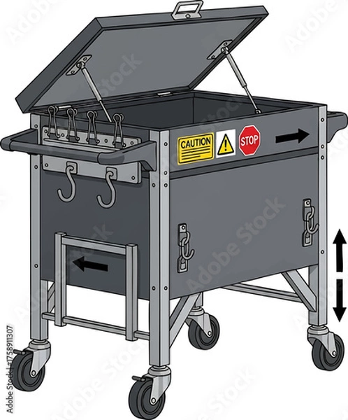 Fototapeta Industrial Parts Washer with Open Lid and Safety Signs.