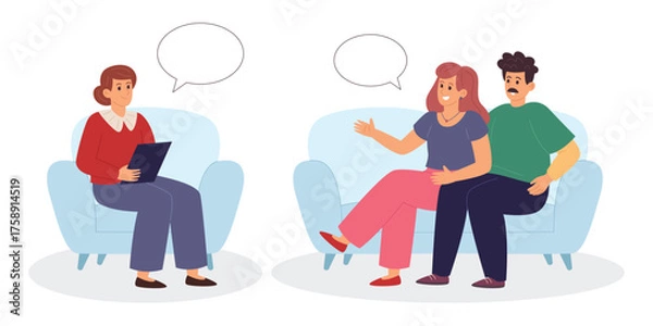 Obraz Concept of couple talking with psychologist during therapy session