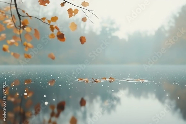 Fototapeta Autumn leaves float delicately on a calm surface of a tranquil lake surrounded by fading trees in a peaceful natural setting