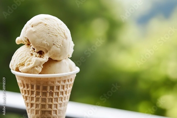Obraz Enjoying creamy vanilla ice cream in a cone on a warm day surrounded by nature's greenery