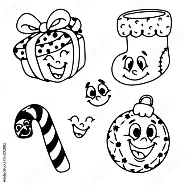 Fototapeta Cartoon lineart groove set for Christmas and New Year.