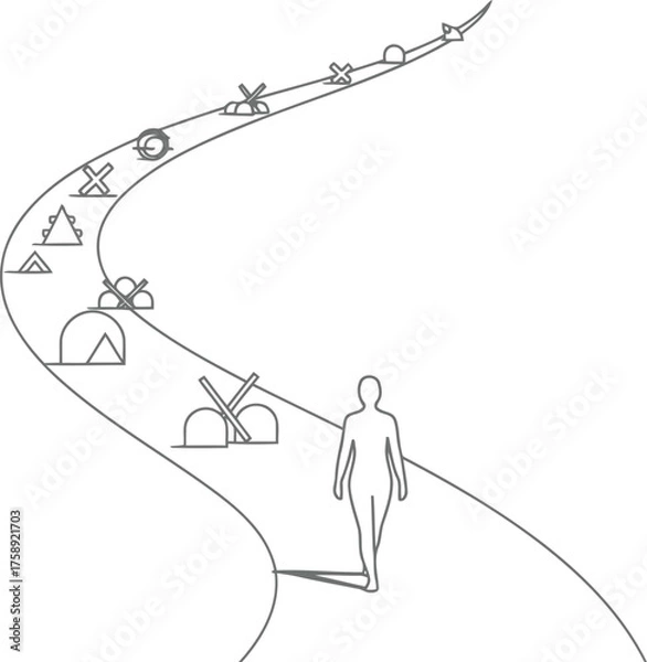 Obraz A solitary figure walks along a winding path marked by abstract symbols representing obstacles and milestones on life s journey