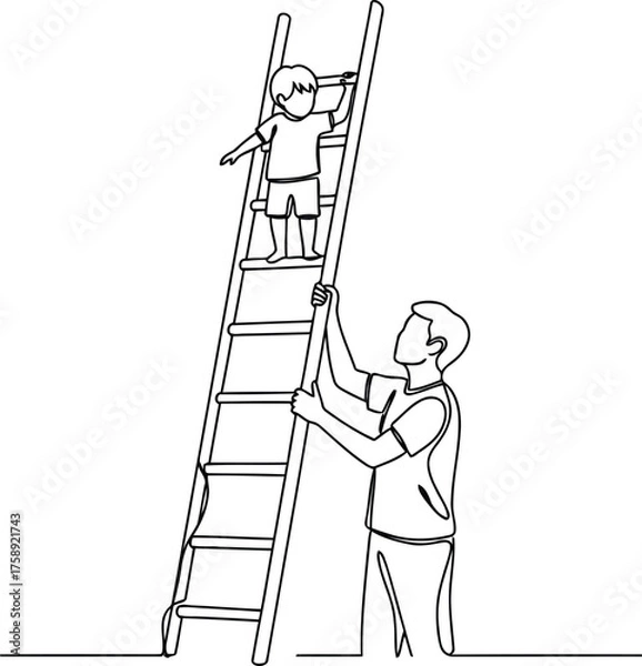 Obraz Father and son climbing a ladder together symbolizing support growth and reaching new heights in life