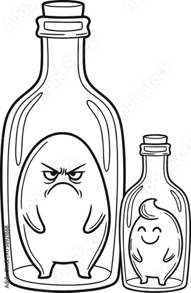 Obraz Two cartoon characters in glass bottles one angry and one happy representing contrasting emotions and situations