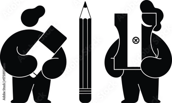 Obraz Two stylized black figures holding a book and a pencil sharpener with a large pencil in the center on a white background