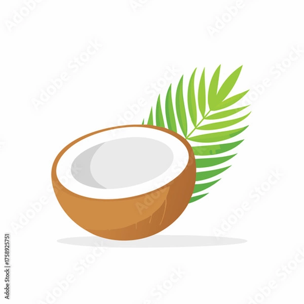 Obraz Freshly Cut Coconut with Green Palm Leaf Illustration