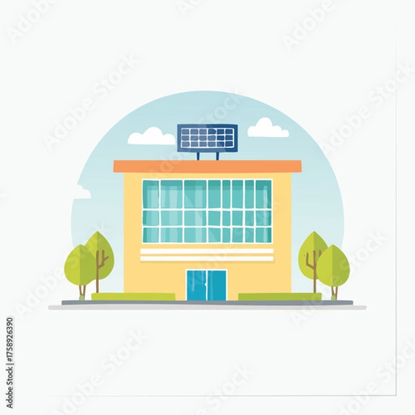 Obraz Modern Building with Solar Panel and Trees Illustration