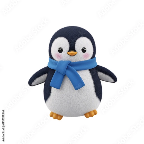 Obraz Cute fluffy penguin with blue scarf. 3D design element. Transparent background.
