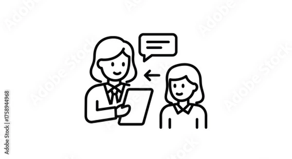 Obraz Two people in conversation one holding a document.