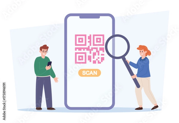 Obraz QR code scan concept with people analyzing smartphone technology