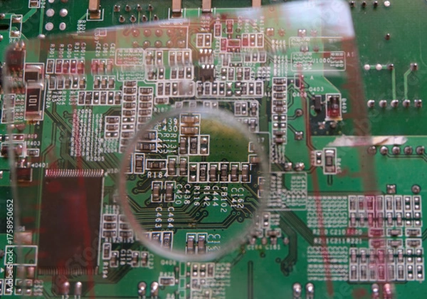 Fototapeta Surface mount components on electronic circuit under the magnifying glass.