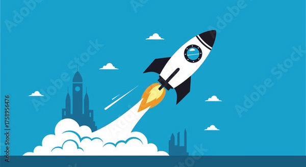 Obraz A white rocket taking off with castles in the background