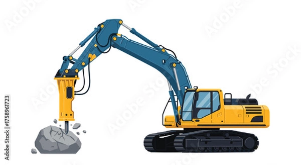 Obraz Powerful jackhammer excavator demolishing rock, perfect for construction, engineering, or demolition projects needing a strong industrial feel and impact