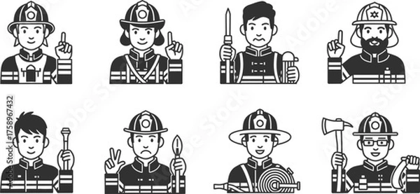 Obraz Diverse group of cartoon firefighters wearing helmets and uniforms holding various tools and equipment in a simple flat icon style