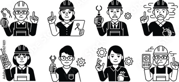 Obraz Diverse group of industrial workers and engineers holding tools and gadgets expressing various emotions and ideas
