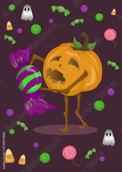 Obraz Cute Halloween Pumpkin Holding Giant Candy Surrounded by Colorful Sweets