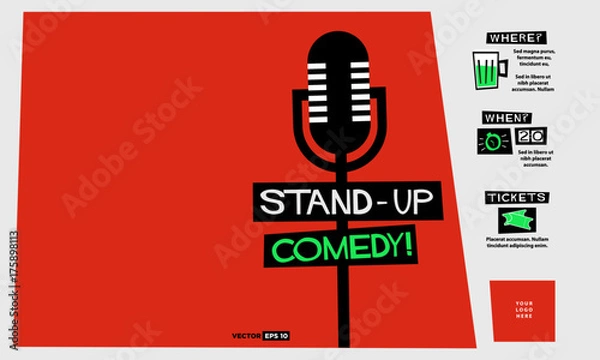 Fototapeta Stand Up Comedy (Flat Style Vector Illustration Performance Show Poster Design) with Where, When And Ticket Details