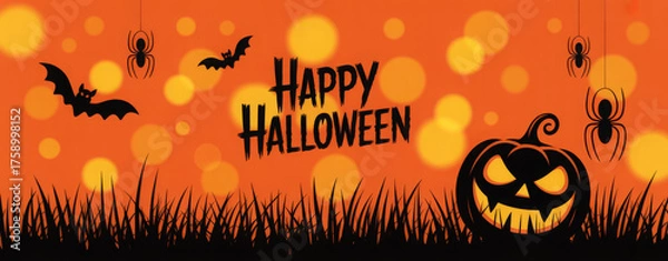 Fototapeta Happy Halloween banner with pumpkin bats and spiders a spooky vector illustration for seasonal greetings and party invitations