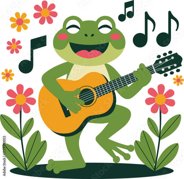 Fototapeta Joyful green frog playing an acoustic guitar with eyes closed and a wide smile surrounded by colorful flowers and musical notes