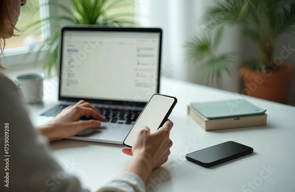 Fototapeta Woman uses laptop and smartphone on white desk. Person works with clean computer screen and mobile phone. Modern workspace with plant and book.
